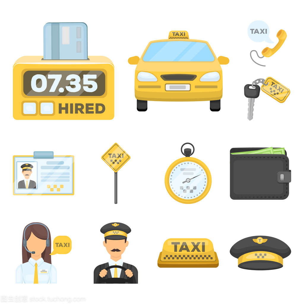 出租车服务卡通图标集合中的设计。出租车司机和运输媒介符号股票网站插图